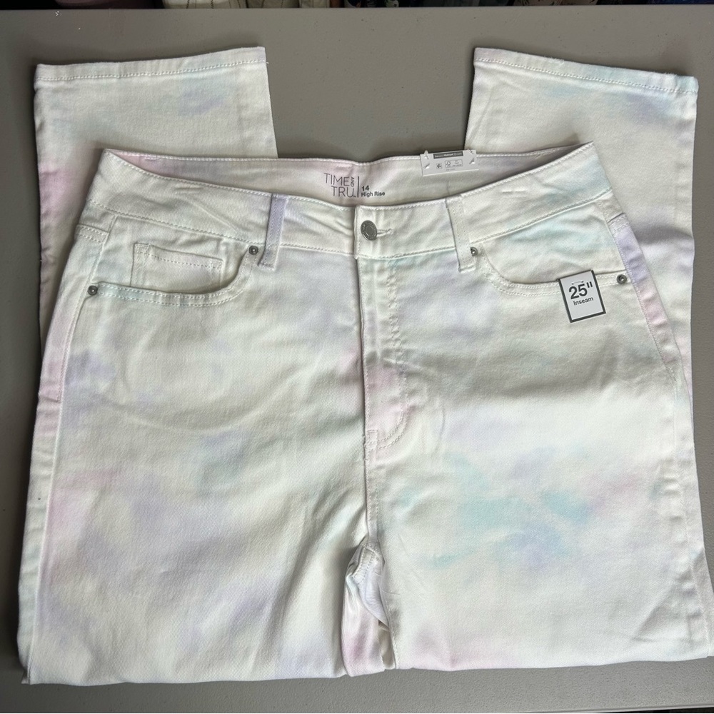 Time & Tru Straight High Rise White Denim Jeans Pant Crop Tie Dye 25" Inseam NWT - Picture 3 of 5